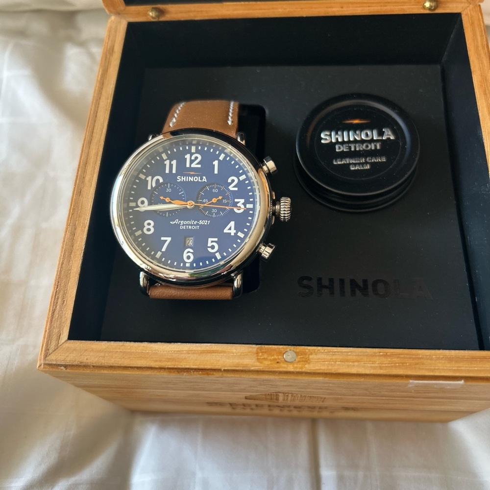 Shinola Blue Dial Brown Leather Watch